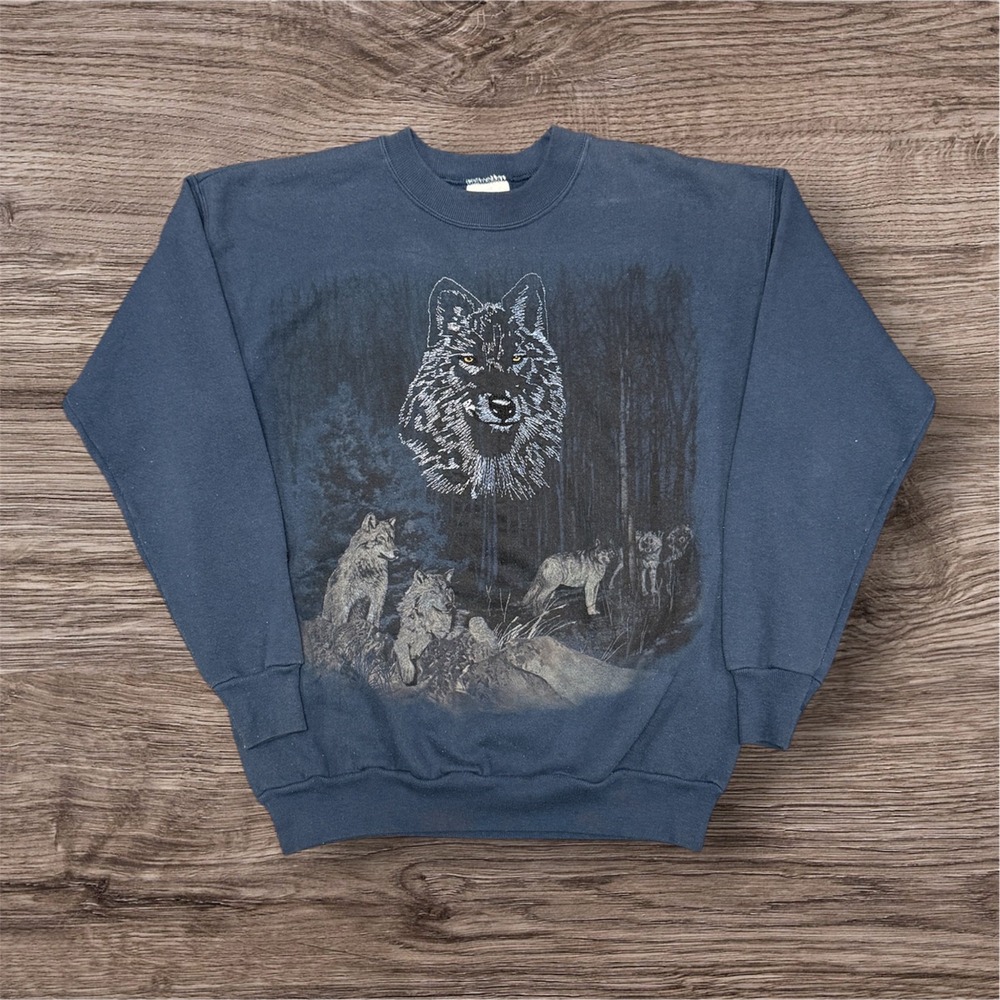 Vintage Hanes Wolf Graphic Sweatshirt Navy Blue Mens Medium Made in USA 90s